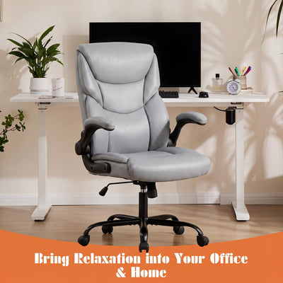 Office Computer Gaming Chair, Ergonomic High Back Heavy Duty Task Desk Chairs with Wheels, Flip-up Arms, Adjustable Height, PU Leather, Grey