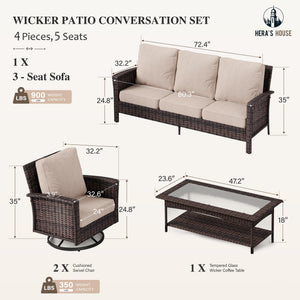 High Back Patio Furniture Set with Swivel Chairs, Outdoor Wicker Conversation Sets with 5.5