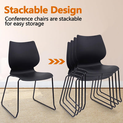 Set of 8, Black, Stackable Waiting Room Chair, Stacking Office Chair with Ergonomic Lumbar Support and Metal Legs, Plastic Desk Chairs for Conference School Church Guest Reception