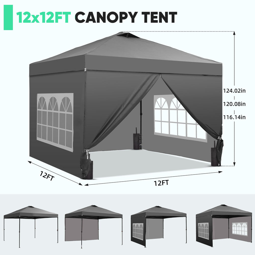 12x12 Pop Up Canopy Tent with 4 Sidewalls, Easy Set up with One Push Lift Gazebo with Wheel Bag and4 Sandbags,Carpas for Events, Parties,Camping, Gray.