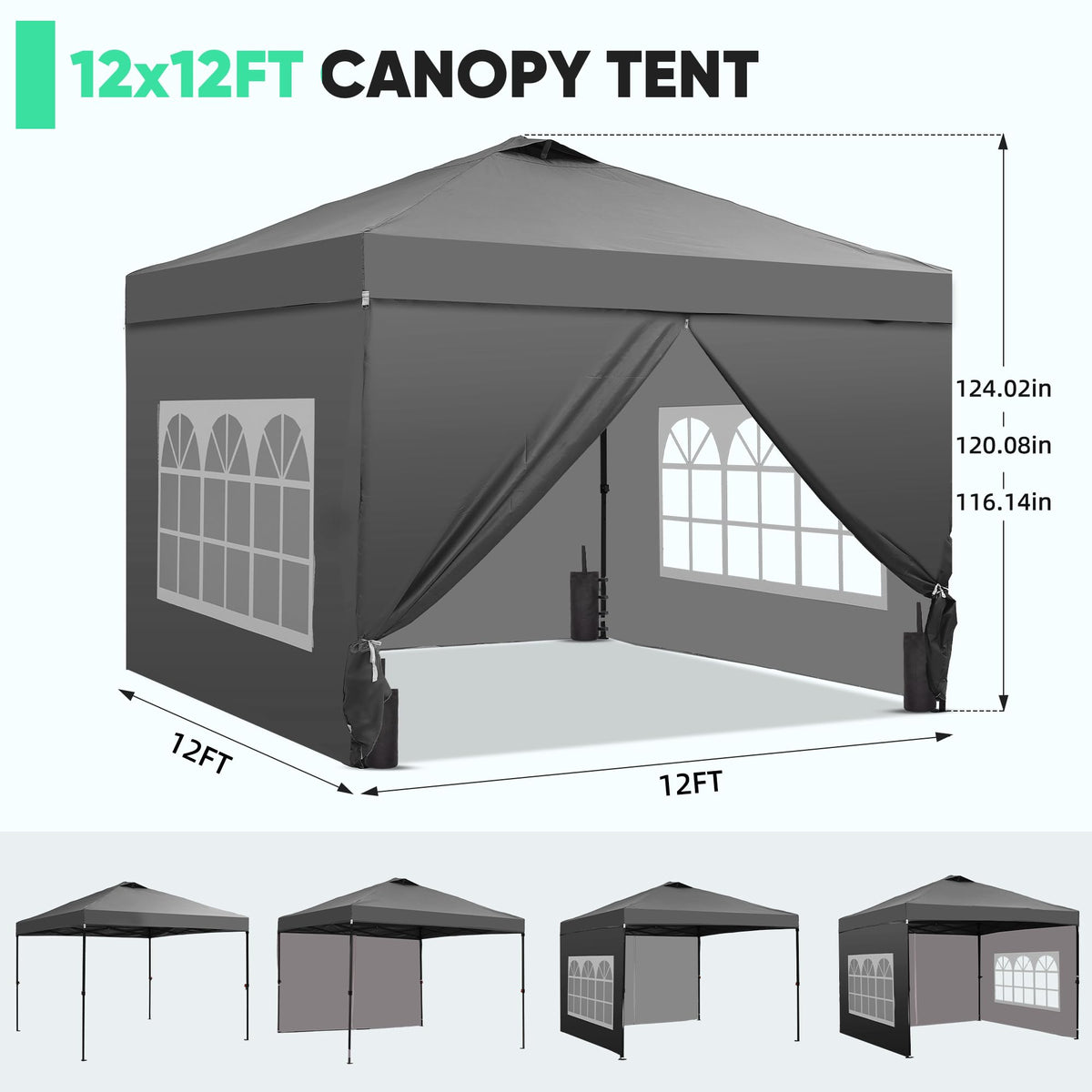 12x12 Pop Up Canopy Tent with 4 Sidewalls, Easy Set up with One Push Lift Gazebo with Wheel Bag and4 Sandbags,Carpas for Events, Parties,Camping, Gray.