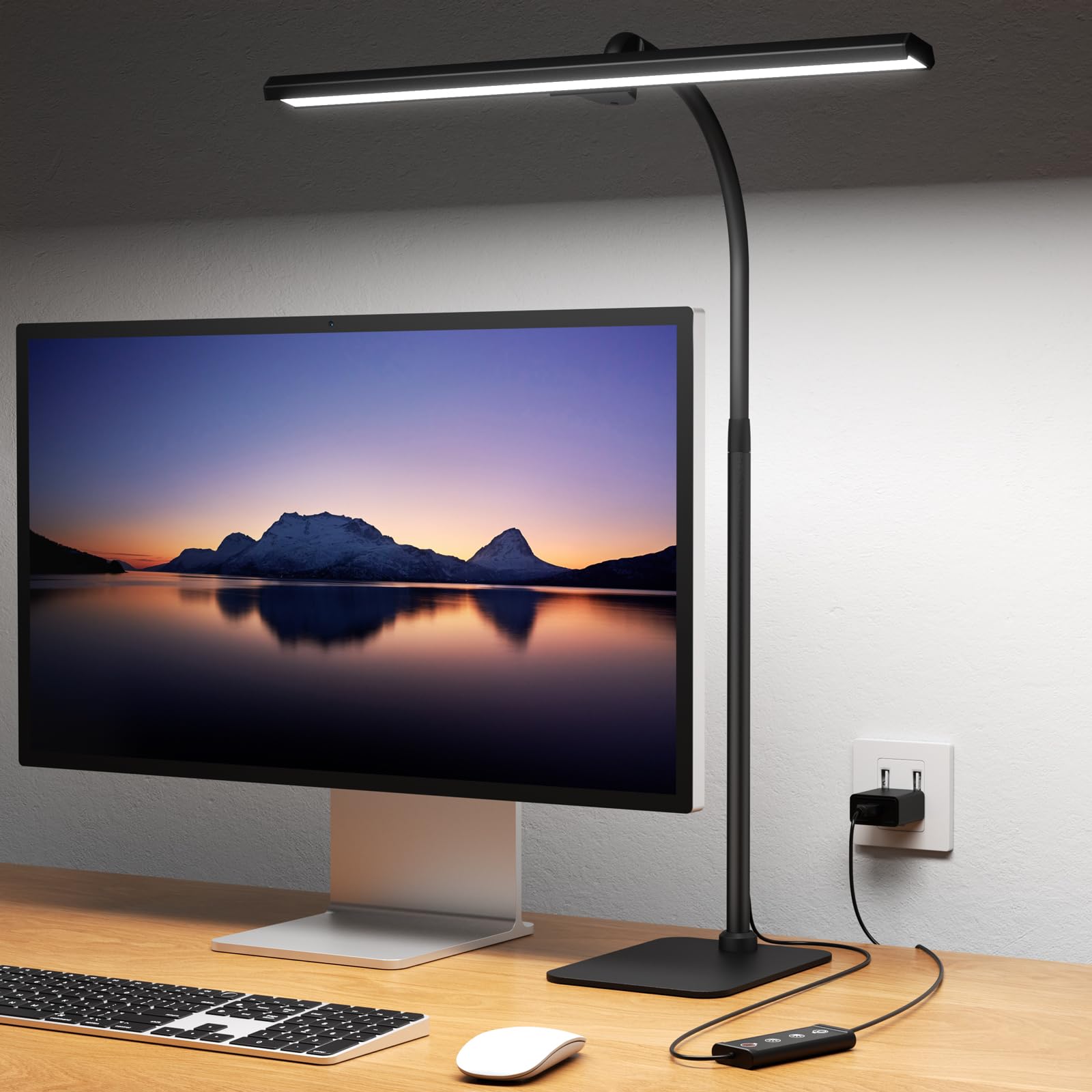 LED Desk Lamps for Home Office, Tall Desk Light with Base, Flexible Gosseneck Adjustable Height 5-Level Dimmable Brightness & Color, Architect Lamp for Working,Reading,Crafting,Study