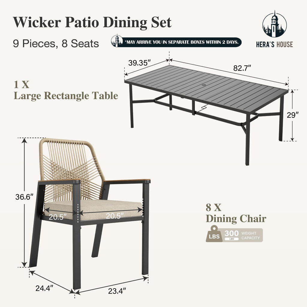 9 Pieces Outdoor Dining Set, Patio Table and Chairs for 8, 8 x Cushioned Rattan Patio Chairs and 1 x 83 Large Rectangle Dining Table, Outdoor Dining Table Set for Lawn Garden