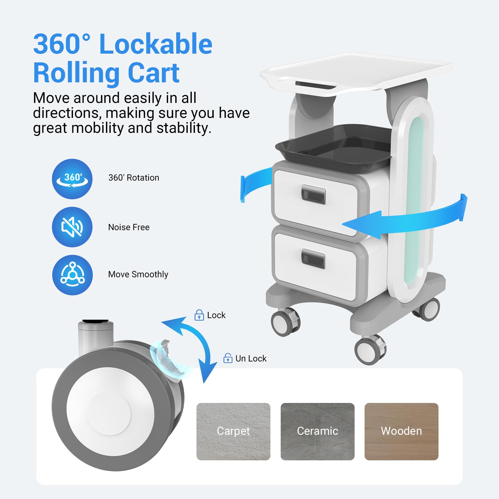 Medical Carts with Wheels, Mobile Ultrasound Cart, Rolling Dental Carts with Drawers, Professional Trolley Cart with Trays for Hospital Clicnic Lab Beauty Salon