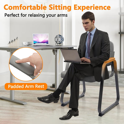 6 Pack, Waiting Room Guest Chair with Bonded Leather Padded Arm Rest for Office Reception and Conference Desk Black with Sled Base Grey