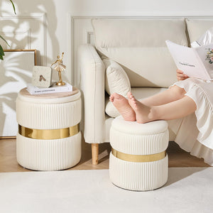 Velvet Round Ottoman with Storage Set of 2 for Livingroom Small Foot Stool Ottoman for Living Room Small Coffee Table Vanity Stool with Storage for Bedroom White
