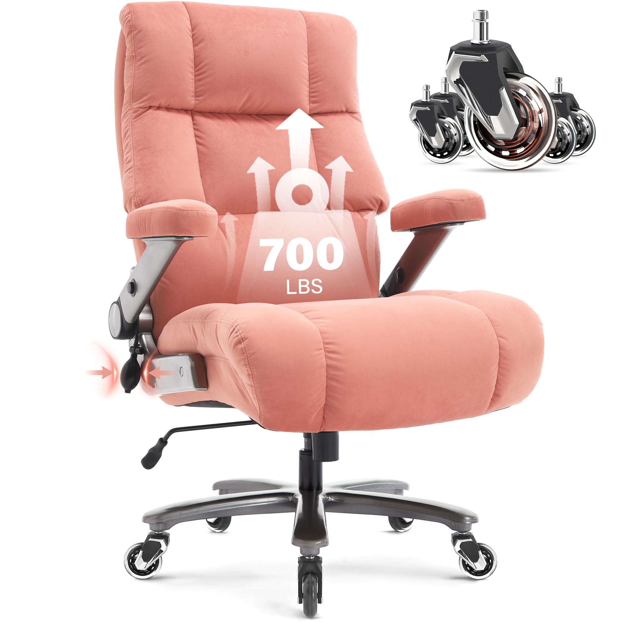 Big and Tall Office Chair 700lbs- Executive Desk Chair with Adjustable Lumbar Support 3D Flip UP Arms- Heavy Duty Quiet Wheels Metal Base Ergonomic Computer Chairs, Pink