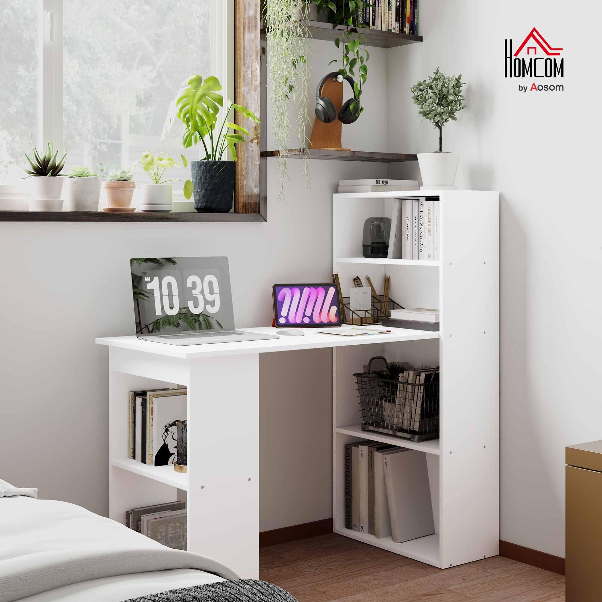 Modern Home Office Desk with 6-Tier Storage Shelves, 47" Writing Desk with Bookshelf, White