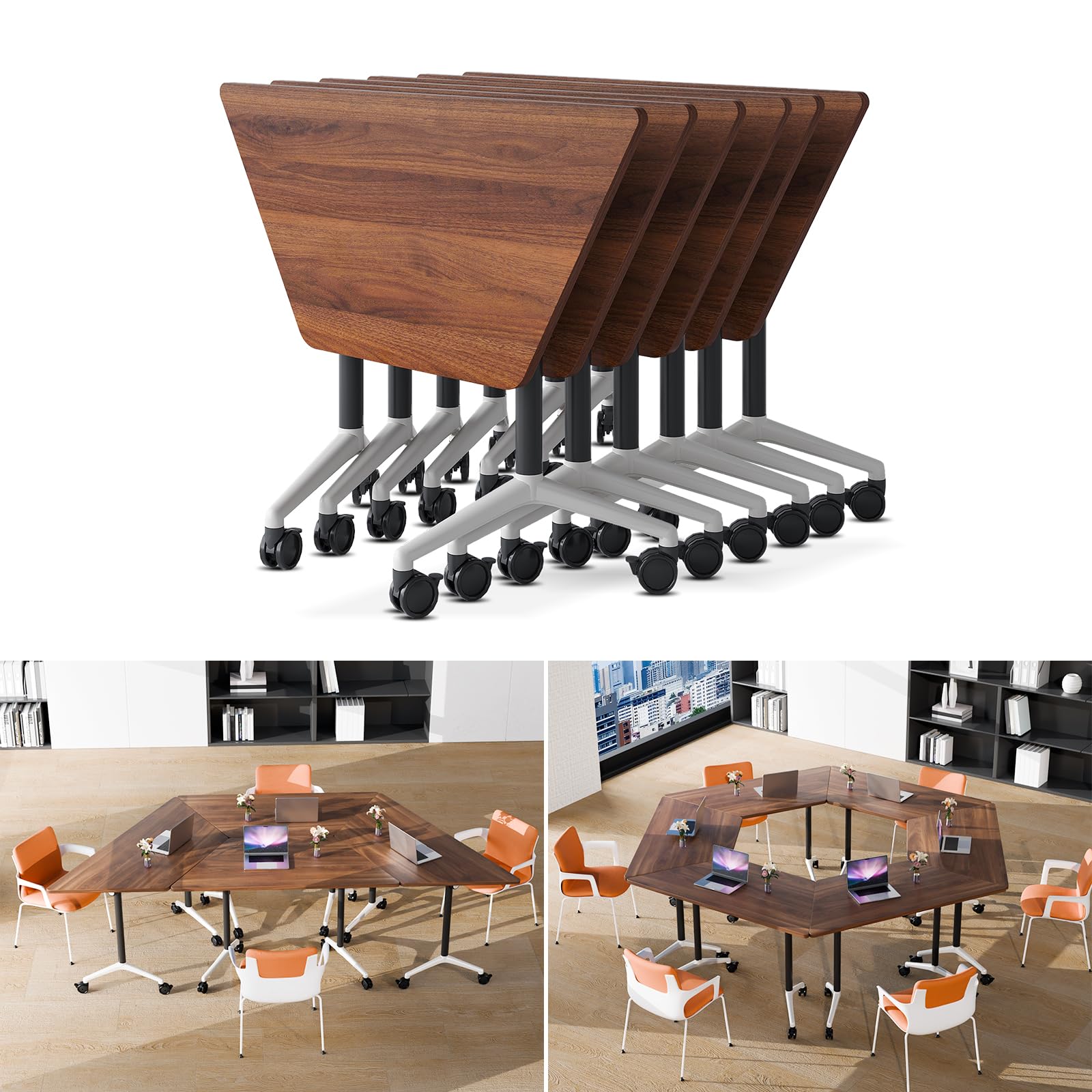 6 Pack Folding Conference Tables with Wheels, 4FT Modern Walnut Modular Conference Room Table Mobile Trapezoid Foldable Training Table for Office Classroom Meeting (6PACK)
