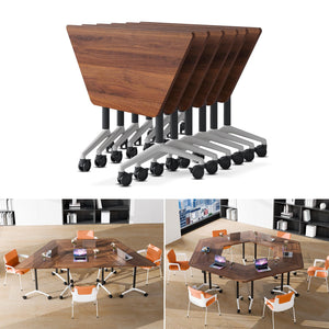 6 Pack Folding Conference Tables with Wheels, 4FT Modern Walnut Modular Conference Room Table Mobile Trapezoid Foldable Training Table for Office Classroom Meeting (6PACK)