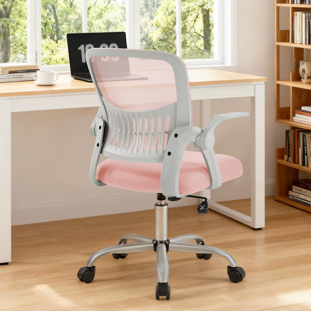 Home Office Managerial Executive Chair, Flip Up Armrest Ergonomic Mesh Adjustable Swivel Mid-Back Computer Desk Chair with Comfortable Lumbar Support, Comfy Arms for Bedroom,Study
