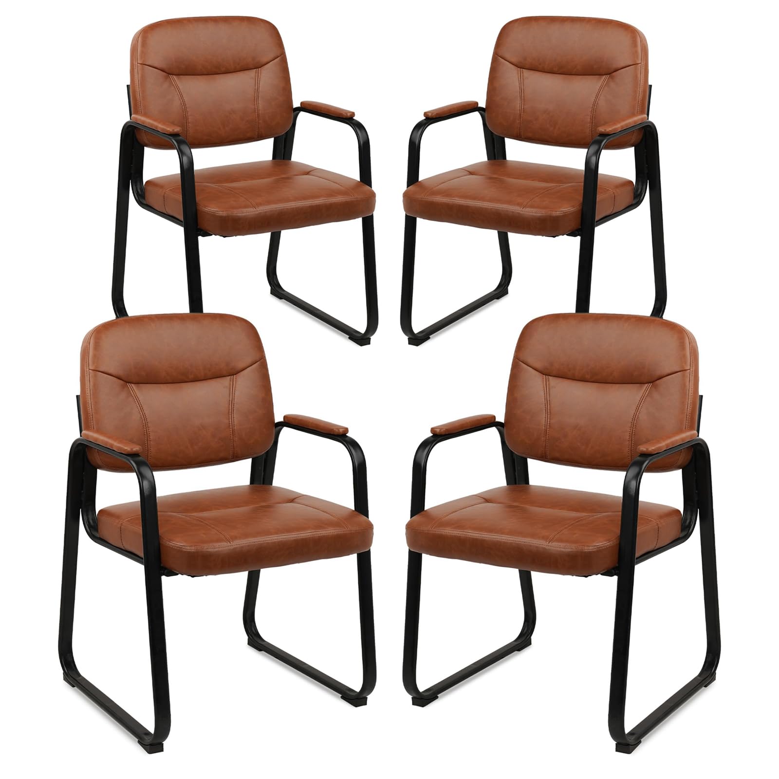 Waiting Room Guest Chair with Bonded Leather Padded Arm Rest for Office Reception and Conference Desk Black with Sled Base Brown 4 Pack