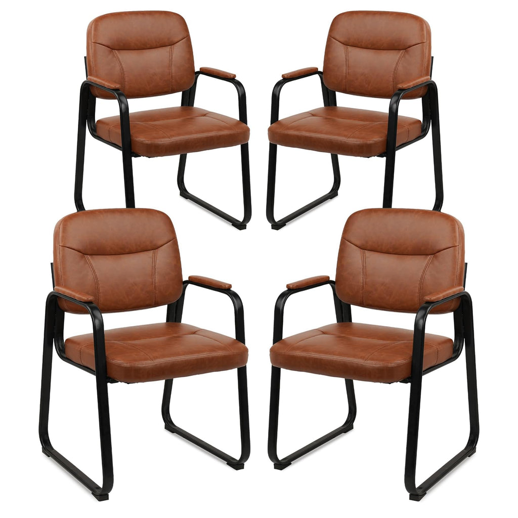Waiting Room Guest Chair with Bonded Leather Padded Arm Rest for Office Reception and Conference Desk Black with Sled Base Brown 4 Pack