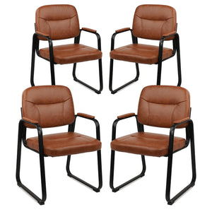 Waiting Room Guest Chair with Bonded Leather Padded Arm Rest for Office Reception and Conference Desk Black with Sled Base Brown 4 Pack