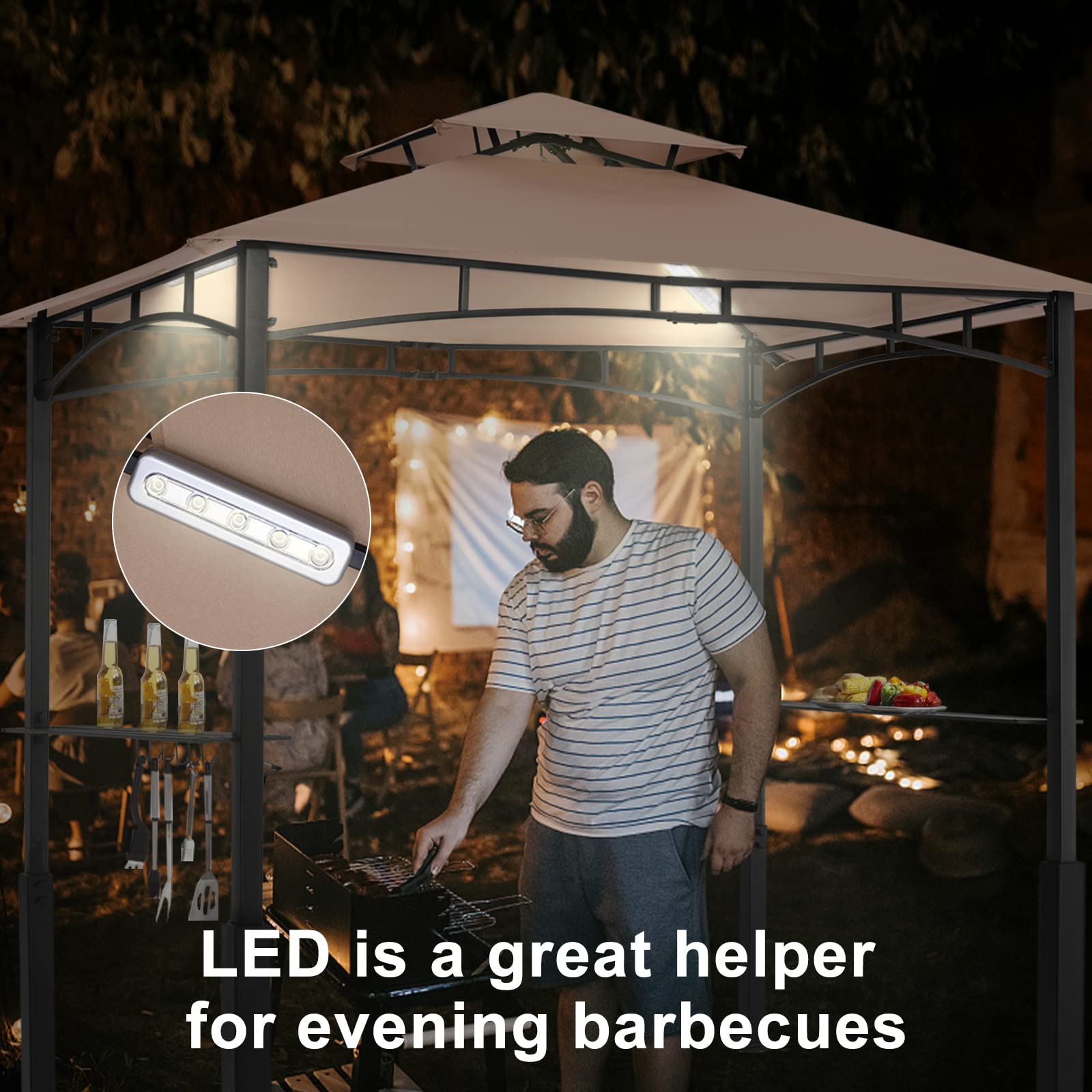 8x5 Grill Gazebo - Outdoor BBQ Canopy Shelter with Led Light for Patio Backyard Grilling (Khaki)