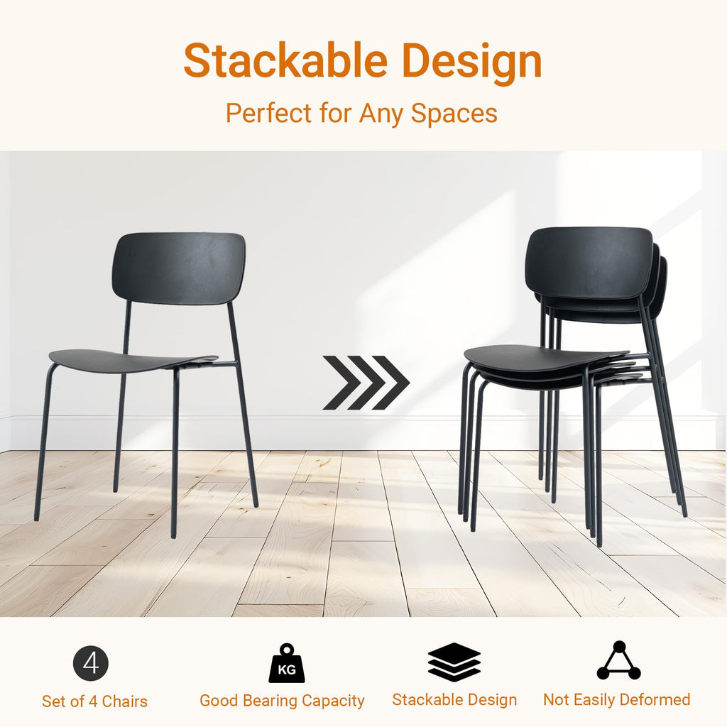 Stackable Chairs Set of 4, Waiting Room Chairs with Metal Legs and Ergonomic Plastic Seat, Stacking Office Chairs for Conference Reception Church Banquet, Black