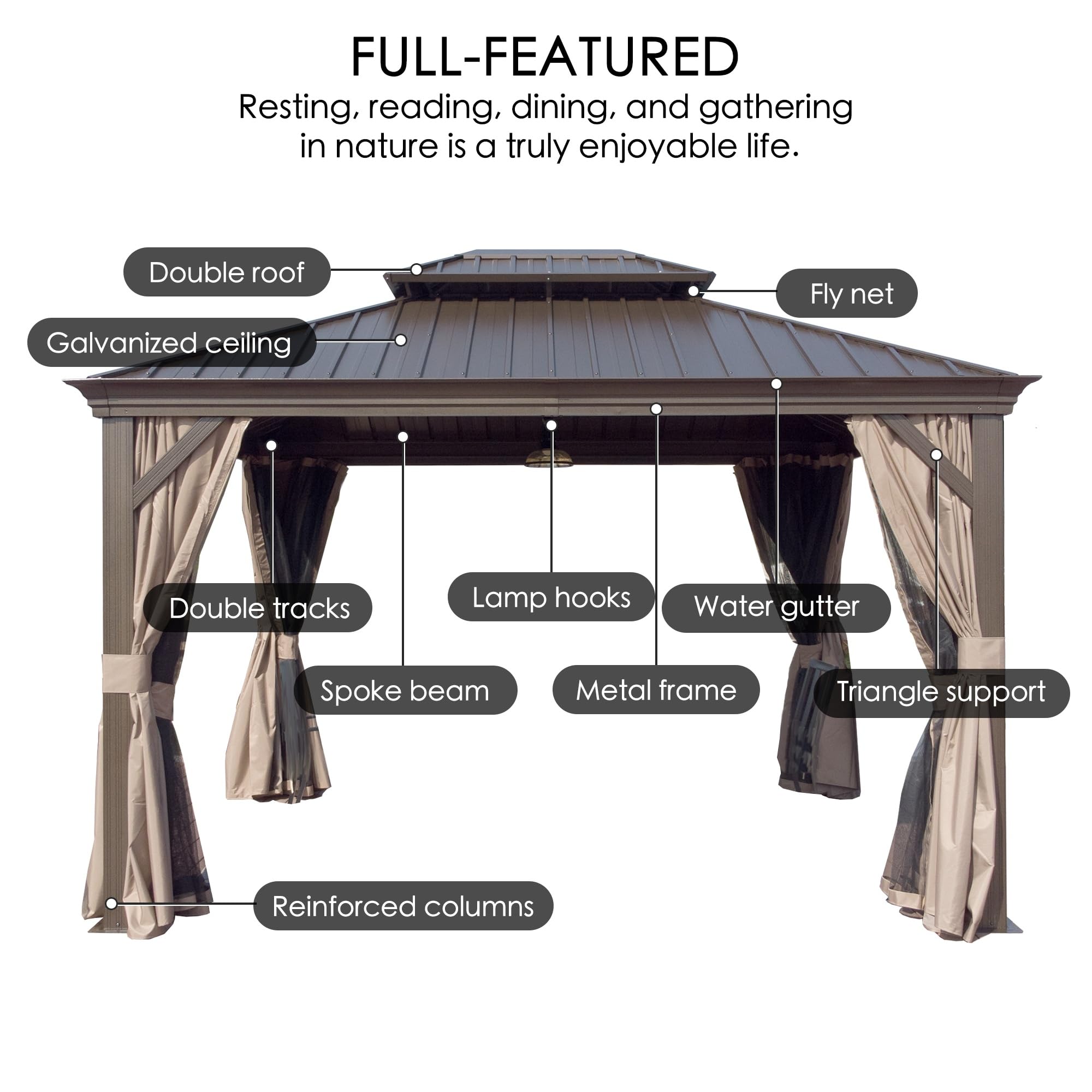 10' x 14' Hardtop Gazebo, Aluminum Frame with Galvanized Steel Double Roof, Outdoor Permanent Pavilion with Curtains and Netting for Patio, Backyard, Deck, Lawn (Brown)