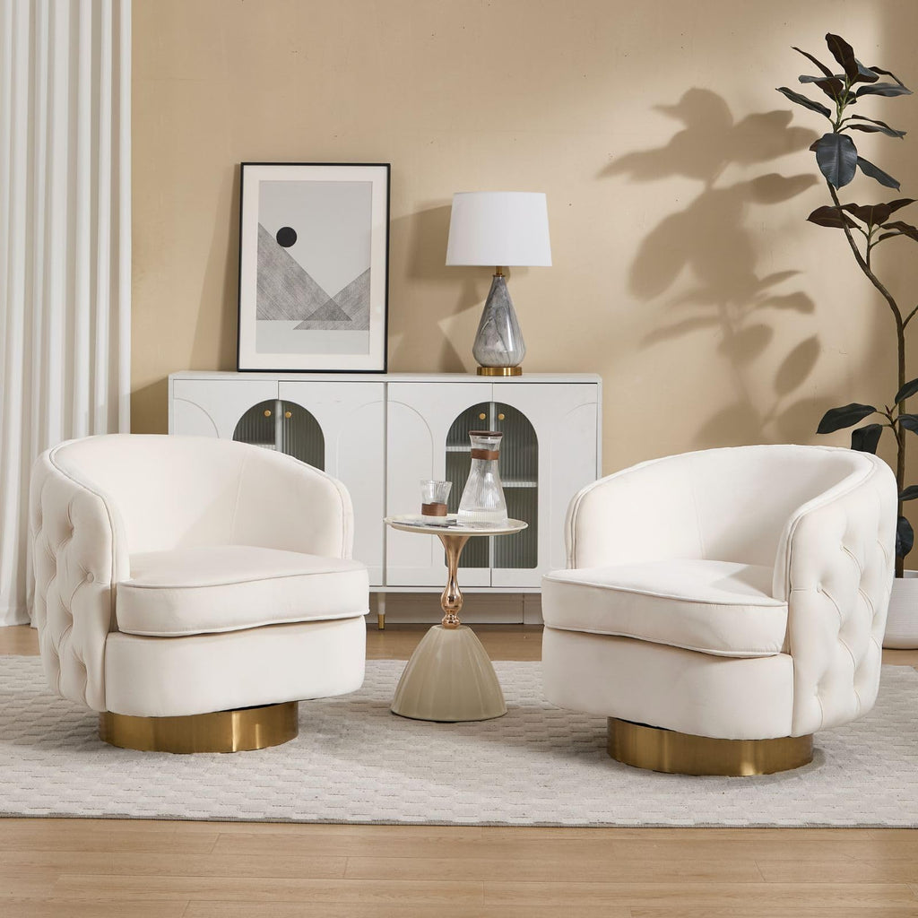White Swivel Comfy Accent Chair Set of 2, Modern Tufted Velvet Upholstered Round Swivel Barrel Chair for Living Room Bedroom, Barrel Armchair with Tall Backrest