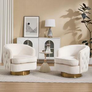 White Swivel Comfy Accent Chair Set of 2, Modern Tufted Velvet Upholstered Round Swivel Barrel Chair for Living Room Bedroom, Barrel Armchair with Tall Backrest