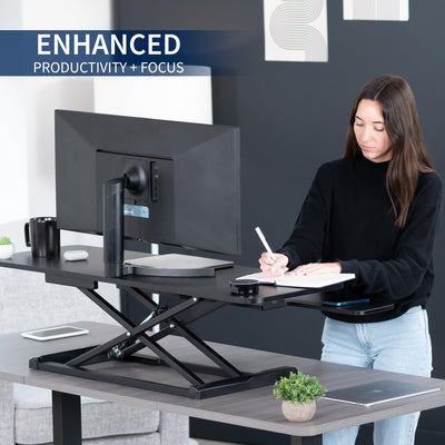 48 inch Desk Converter, K Series, Height Adjustable Sit to Stand Riser, Dual Monitor and Laptop Workstation with Wide Keyboard Tray, Black, DESK-V048KB