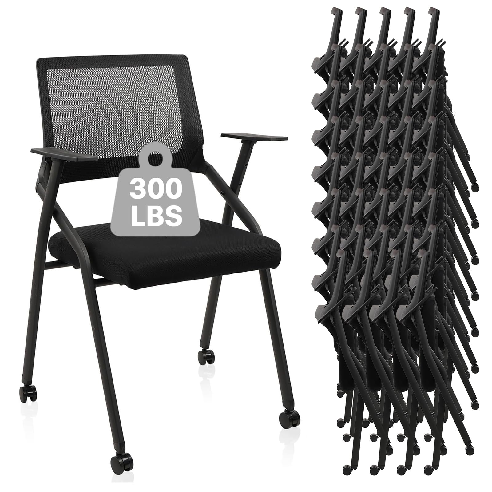Black 40 Pack, Stackable Foldable Chairs with Wheels, Portable Padded Office Desk Chair with Lumbar Support and Armrest for Conference School Lobby Break Waiting Training Room Guest Reception
