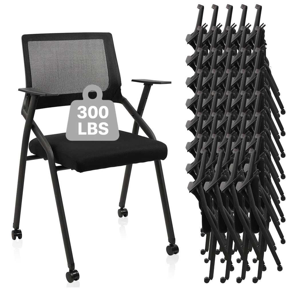 Black 40 Pack, Stackable Foldable Chairs with Wheels, Portable Padded Office Desk Chair with Lumbar Support and Armrest for Conference School Lobby Break Waiting Training Room Guest Reception