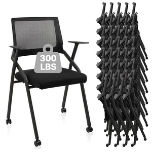 Black 40 Pack, Stackable Foldable Chairs with Wheels, Portable Padded Office Desk Chair with Lumbar Support and Armrest for Conference School Lobby Break Waiting Training Room Guest Reception