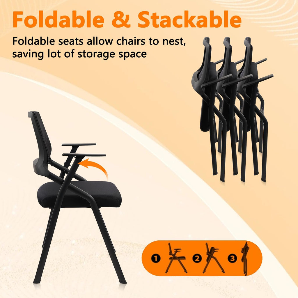 Black (6pk), Stackable & Foldable Office Chairs with Ergonomic Lumbar Support and Thickened Seat Cushion, Folding Mesh Fabric Reception Guest Chair for School Church Lobby Conference Room