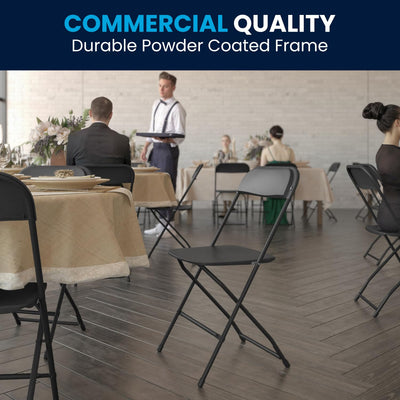 Set of 4, Black Hercules Series Plastic Folding Chairs for Parties and Weddings, Stackable Commercial Event Seats with 650-lb. Static Weight Capacity,