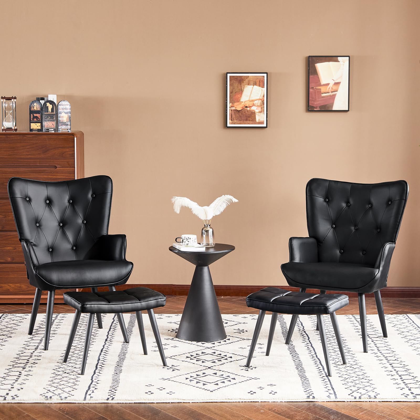 PU Leather Accent Chair with Ottoman, Upholstered Reading Chair with High Backrest, Tufted-Button Wingback Armchair for Bedroom, Dressing Room, Home Office, Black