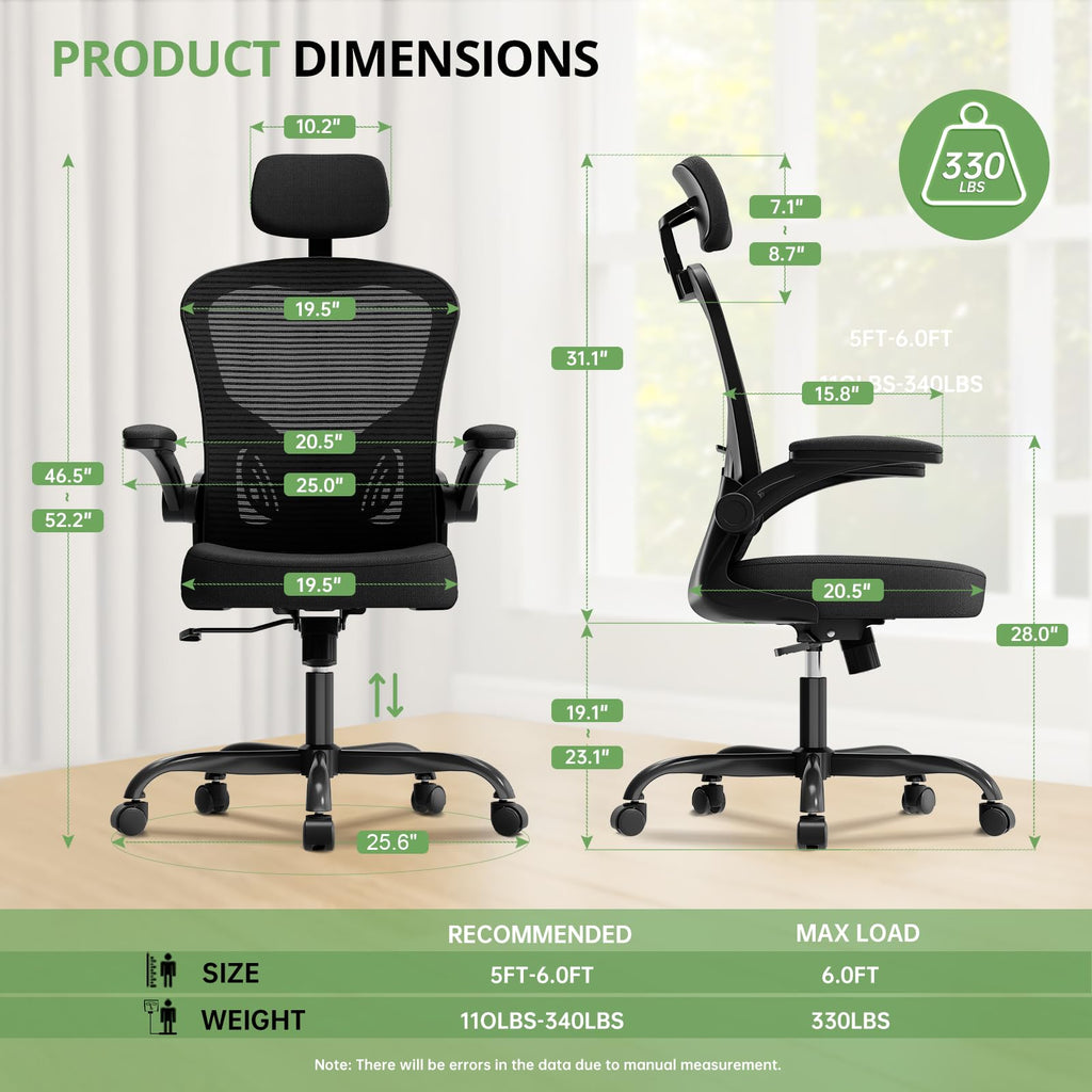 Office Chair Ergonomic Desk Chair, 330LBS Capacity, High Back Computer Chair for Long Hours Comfortable, Rolling Swivel Executive Task Chair for Home Office with Flip-up Armrests, Black