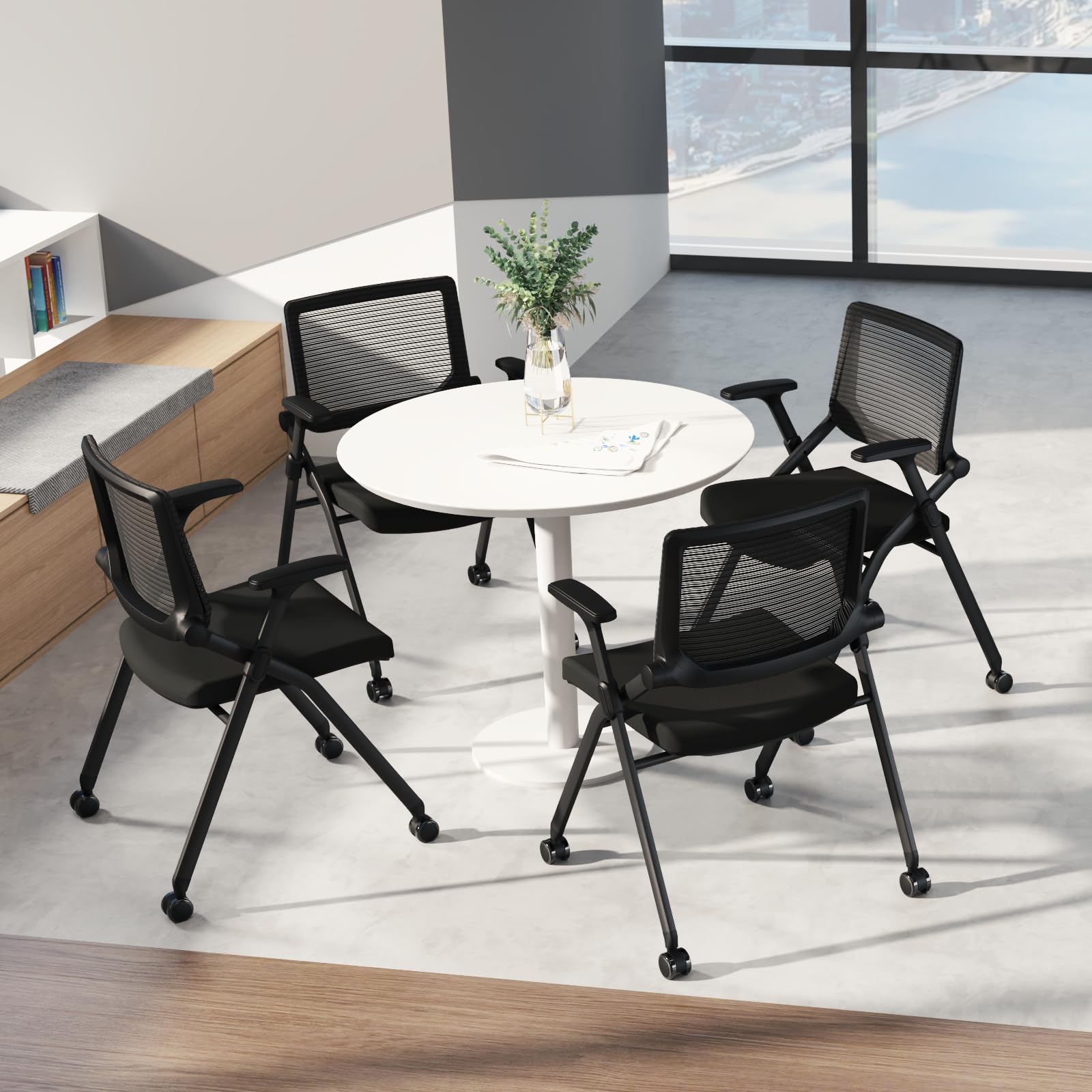 Foldable Office Chair Set of 2 with PU Wheels Ergonomic Mesh Bouncing Back, Stackable Conference Room Chair, Office Guest & Reception & Meeting Chair (Black)
