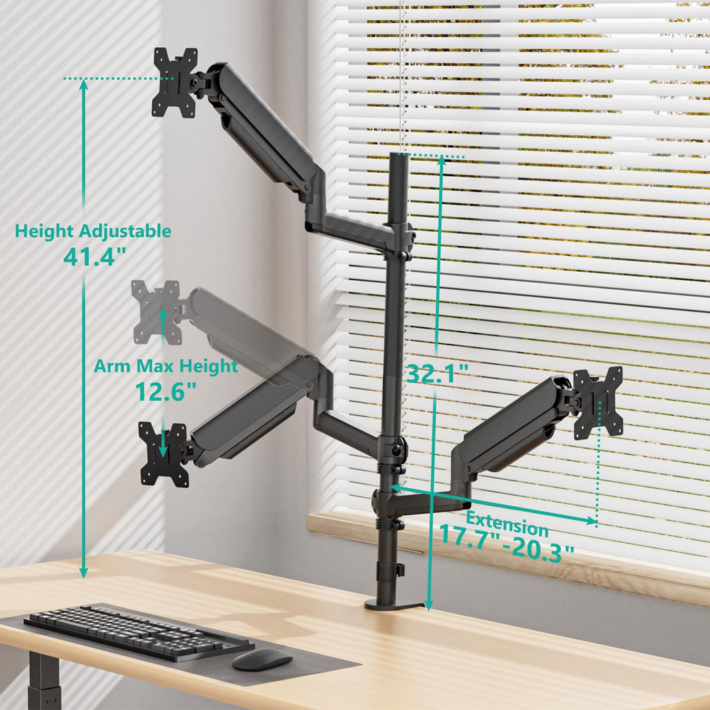 Triple Monitor Mount for 13-34 inch Screens, Full Adjustable 3 Monitors Desk Mount with Clamp & Grommet Base, Triple Monitors Arm, up to 19.8lbs Each, VESA 75x75 100x100 mm (GSDM003XL), Black