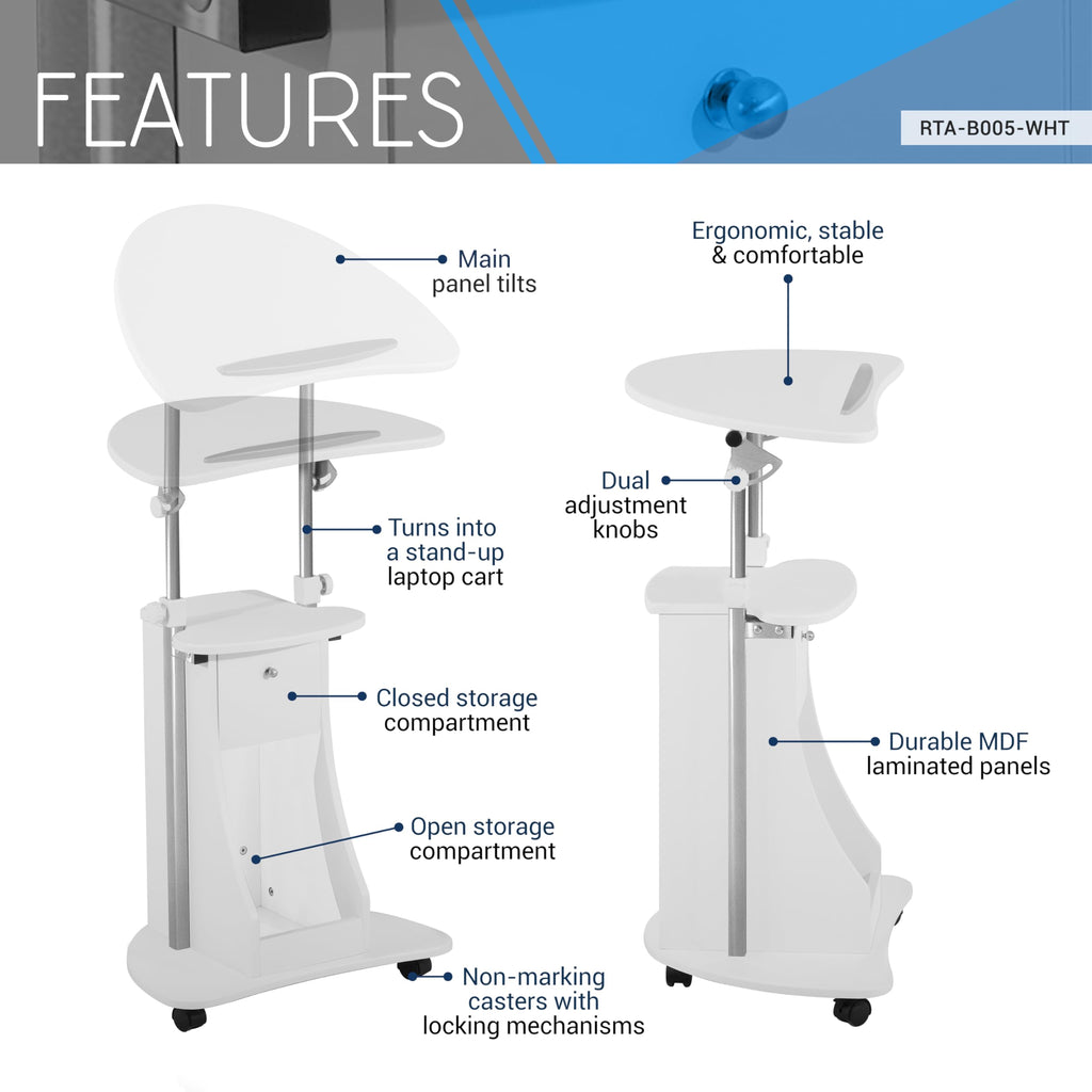 Adjustable Height Rolling Laptop Cart with Storage, Sit to Stand Desk with Wheels, Podium Stand or Medical Cart, White