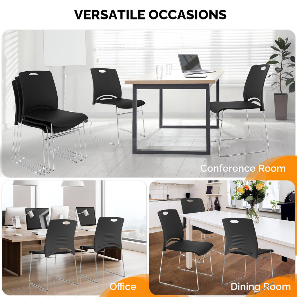 Stacking Chairs Set of 8 Stackable Office Chairs with Metal Sled Base, Ergonomic Plastic Seat, Stacking Chairs for Waiting Room Break Room Banquet Guest, Black