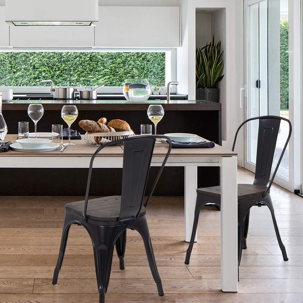 Set of 4 | Metal Dining Chairs with Wooden Seat | Black | Stackable Tolix Side Chairs with Backrest | Scratch-Resistant | Non-Slip Feet | Indoor/Outdoor Use | 330 lbs | for Dining & Kitchen