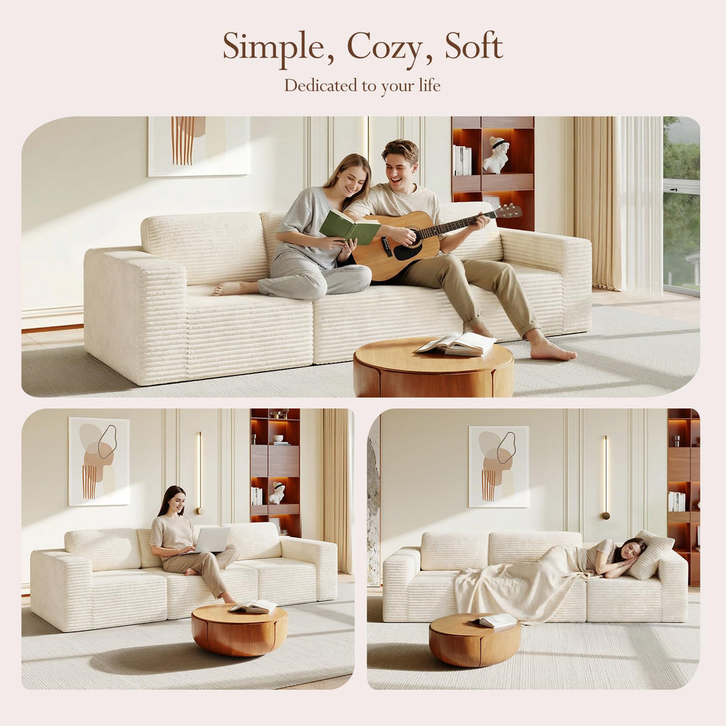 119" Modular Sectional Sofa, Corduroy Cloud Couch with Deep Seating & Spring Support, 3 Seater Flexible Layout Sofa, Boneless Couch for Living Room & Apartment, No Assembly Required, Beige