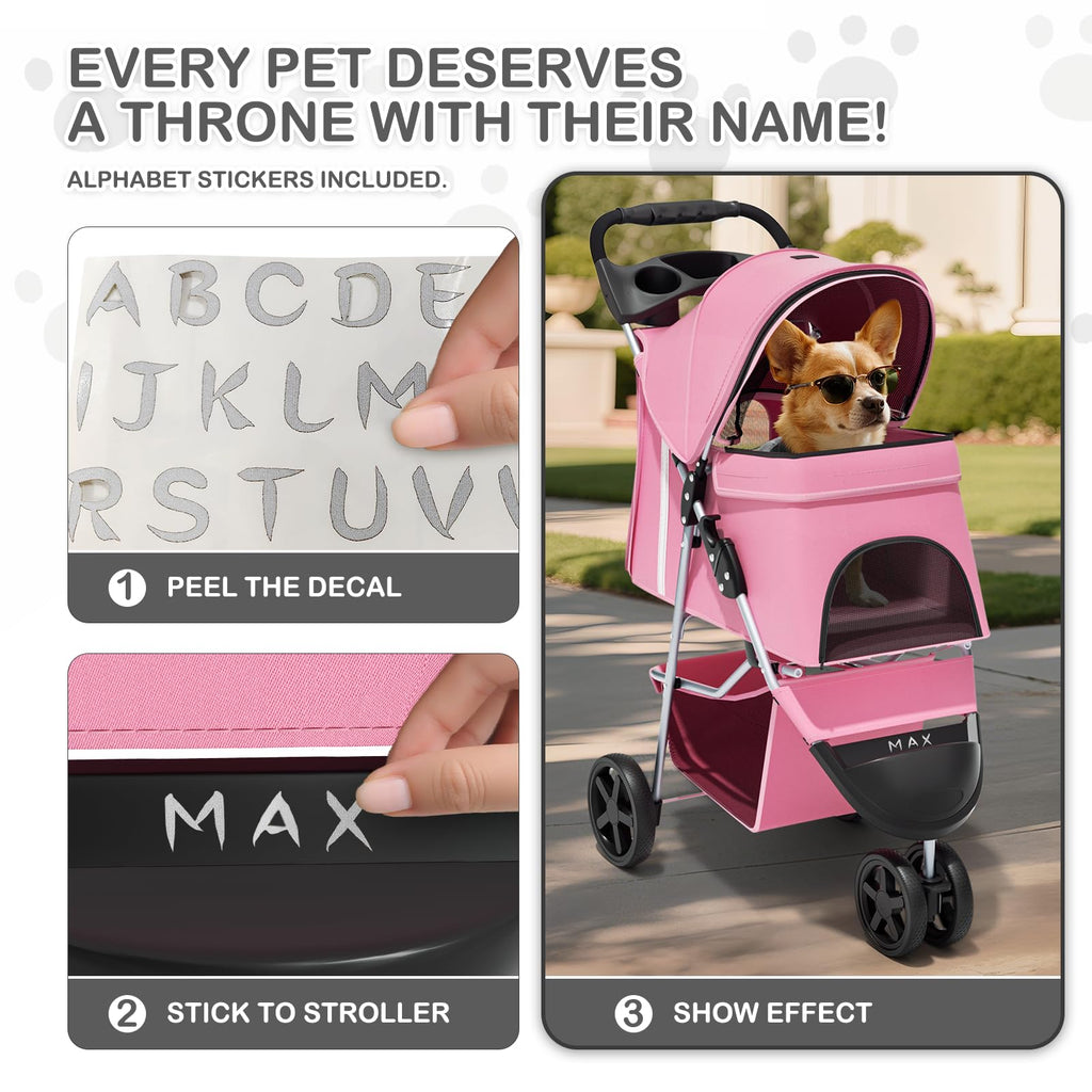 3-Wheels Foldable Pet Stroller with Waterproof Cover, Pet Strolling Cart for Small/Medium Dogs and Cats with Storage Basket and Cup Holder, Breathable and Visible Mesh for All-Season, Pink