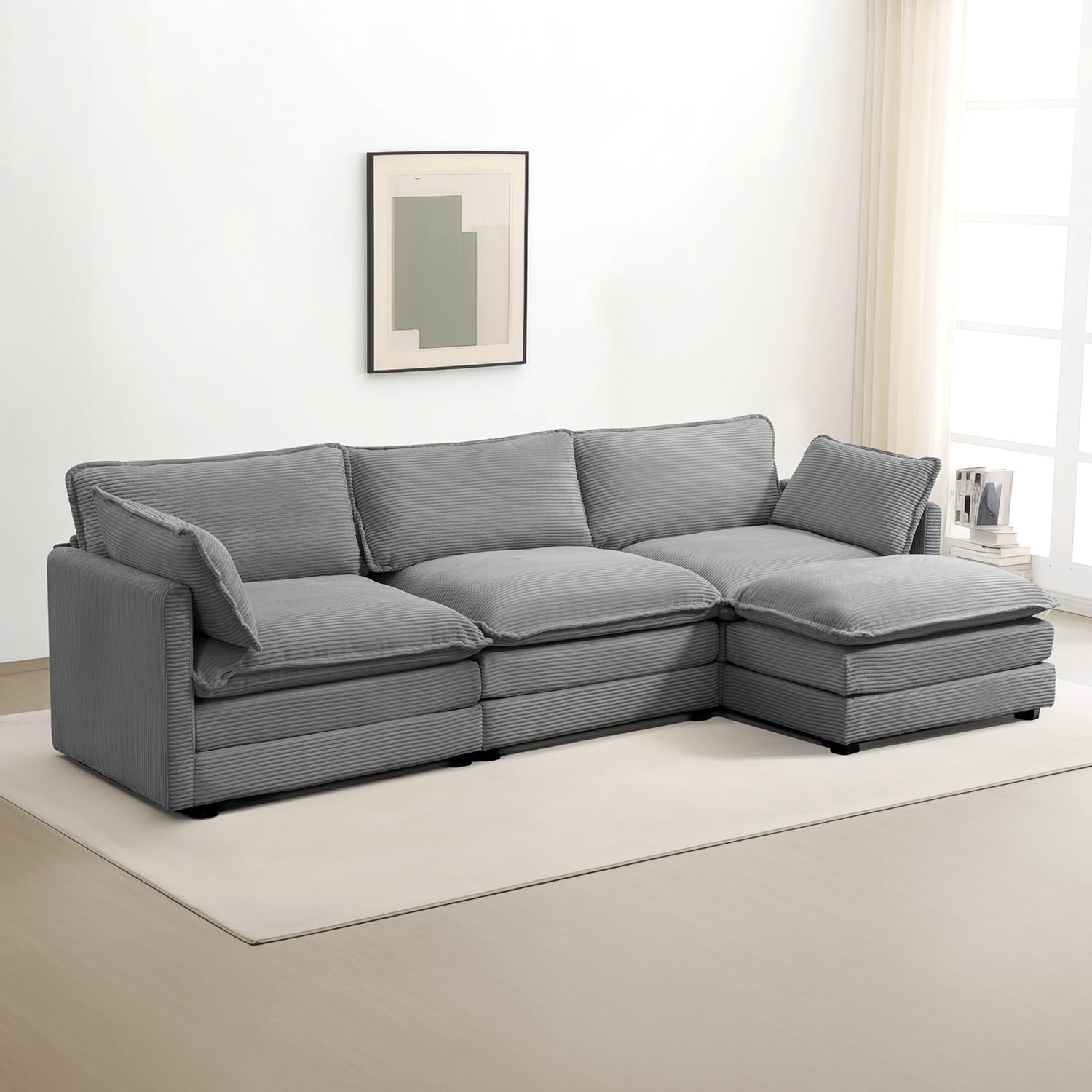 112'' Modular Sectional Cloud Couch with Movable Ottoman, 4 Seat Modern Corduroy Sofa with 2 Throw Pillows, Comfy Deep Seat L Shaped Couches for Living Room Bedroom Apartment, Dark Grey