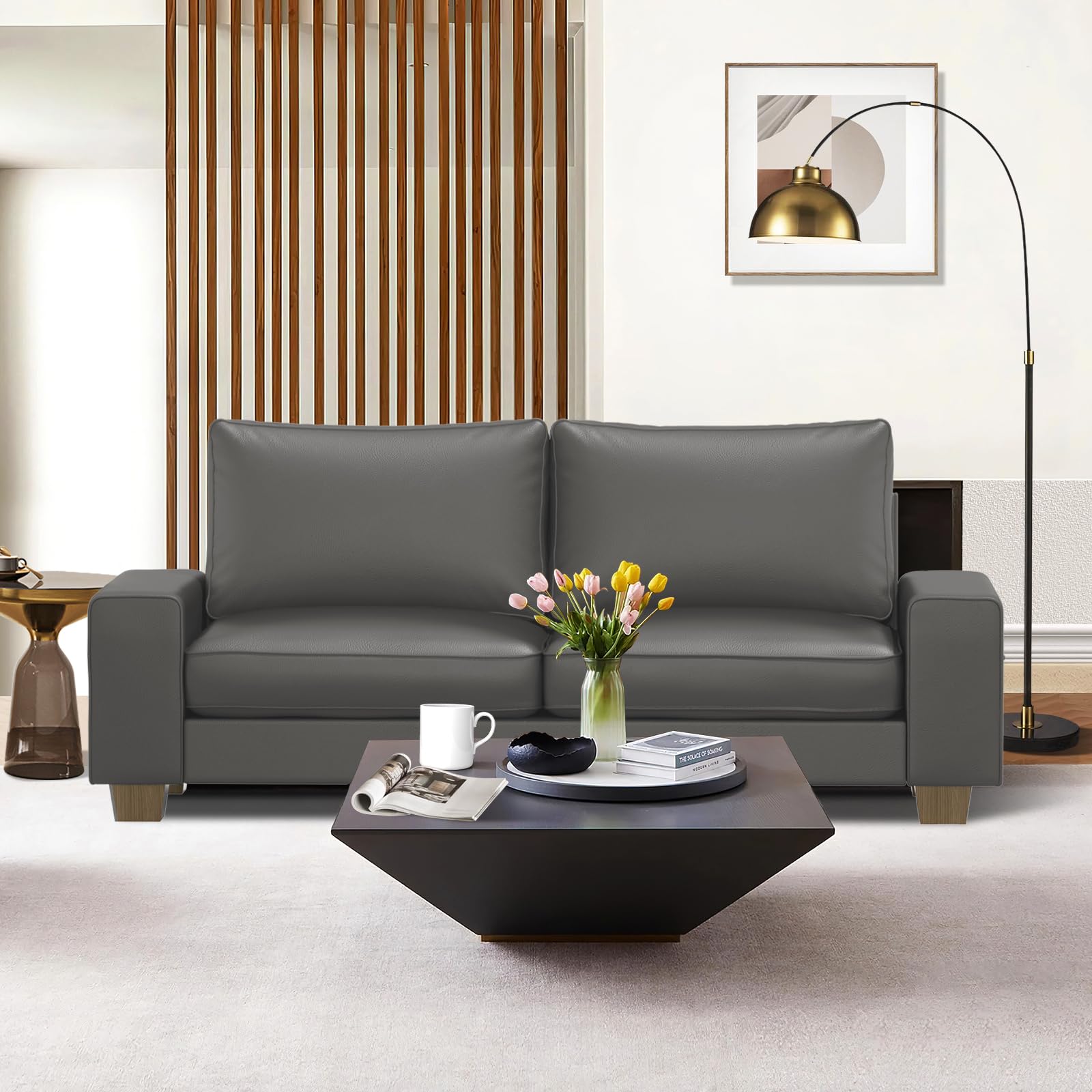 Faux Leather Couch, Mid Century Modern Comfy Loveseat Sofa with Wide Arm, Side Pockets, Solid Wooden Frame for Office, Living Room and Bedroom, 3 Seater (Gery, 88.58 inches)