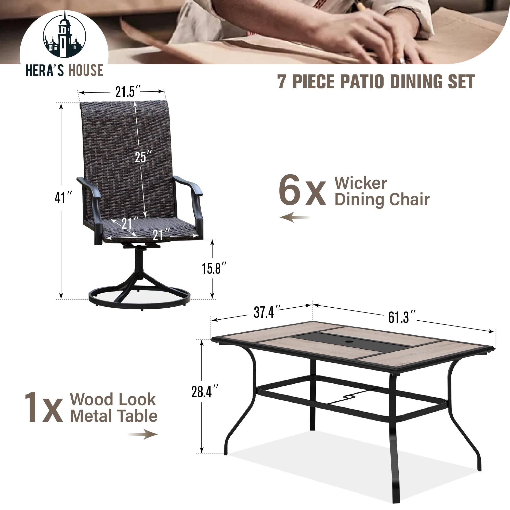 7 Pieces Patio Dining Set, Rattan Outdoor Furniture Set for 6, 6 x Swivel Dining Chair, 1 x Large Surface Wood Like Dining Table, All Weather Resistant for Lawn Garden Backyard Deck