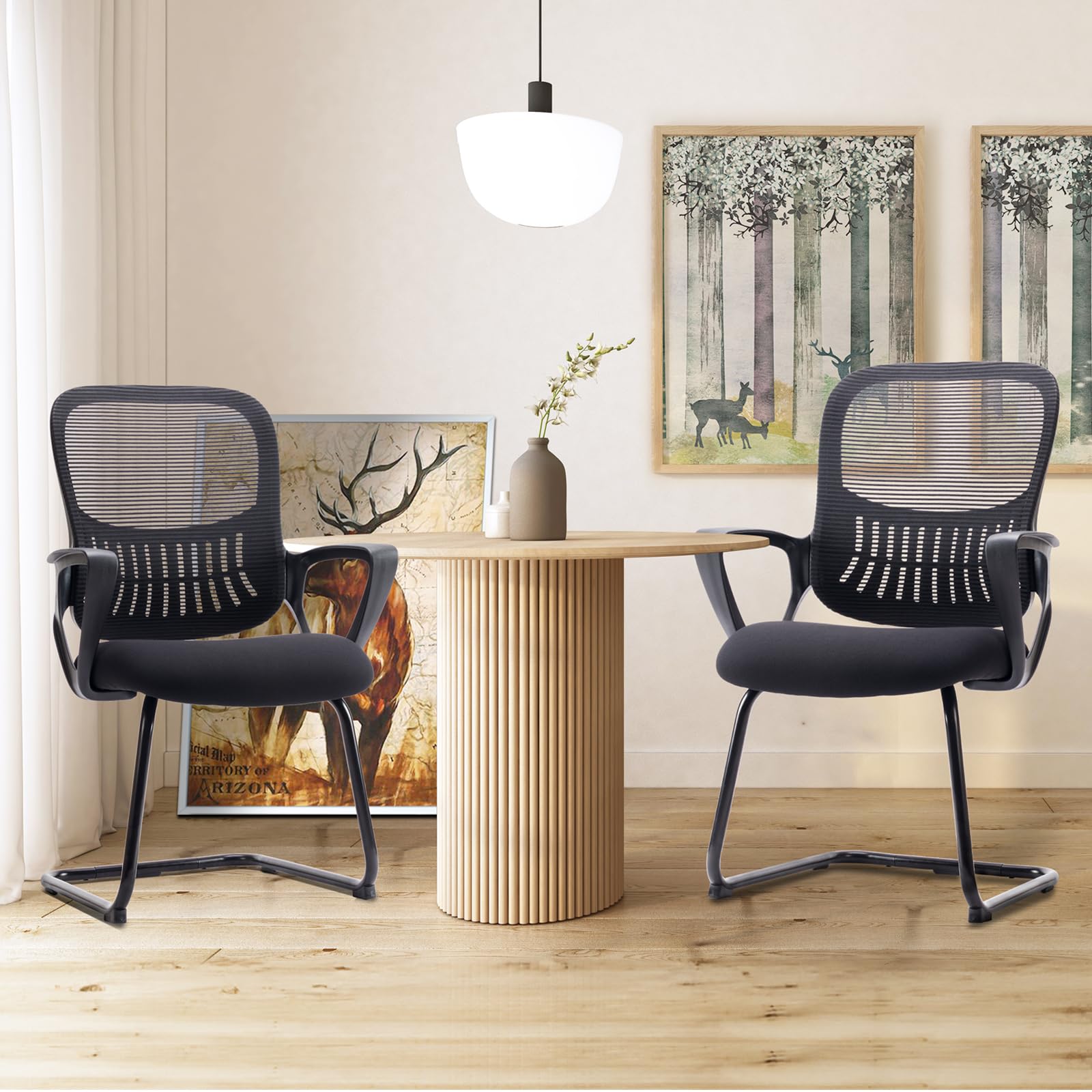 Reception Chair No Wheels, Stationary Non Rolling Mesh Mid Back Computer Guest Side with Lumbar Support for Waiting Area Reception Conference Room, Set of 2, Modern Black