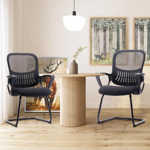 Reception Chair No Wheels, Stationary Non Rolling Mesh Mid Back Computer Guest Side with Lumbar Support for Waiting Area Reception Conference Room, Set of 2, Modern Black