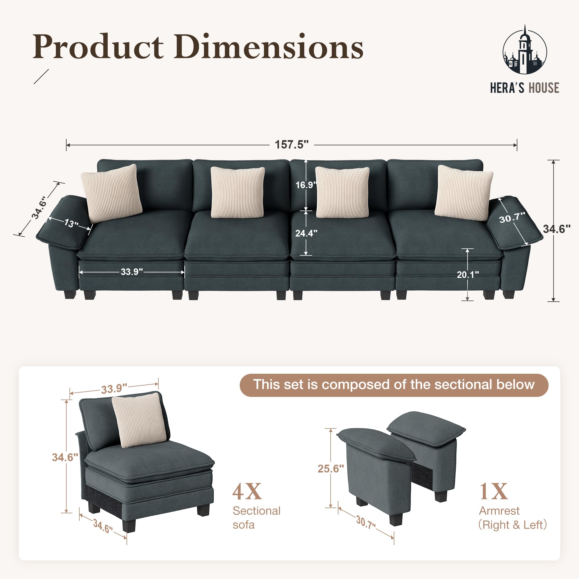 158" Modular Sectional Sofa, Oversized Couches for Living Room, Comfy Cloud Couch 4-Seater Deep Seat Sofa with Throw Pillow, Chenille Blue