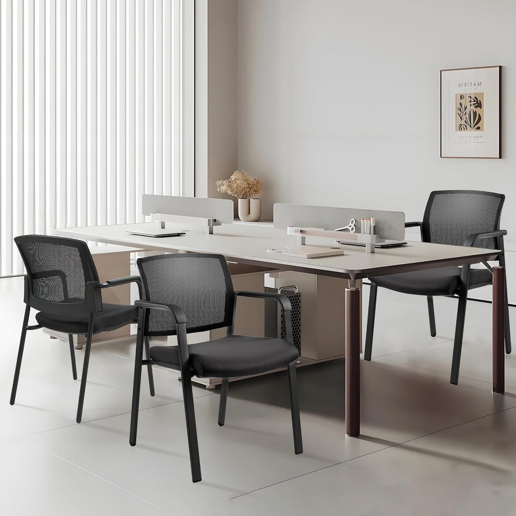 Black 8 Pack Set, Mesh Back Stacking Arm Chairs with Upholstered Fabric Seat and Ergonomic Lumbar Support for Office School Church Guest Reception , New Version
