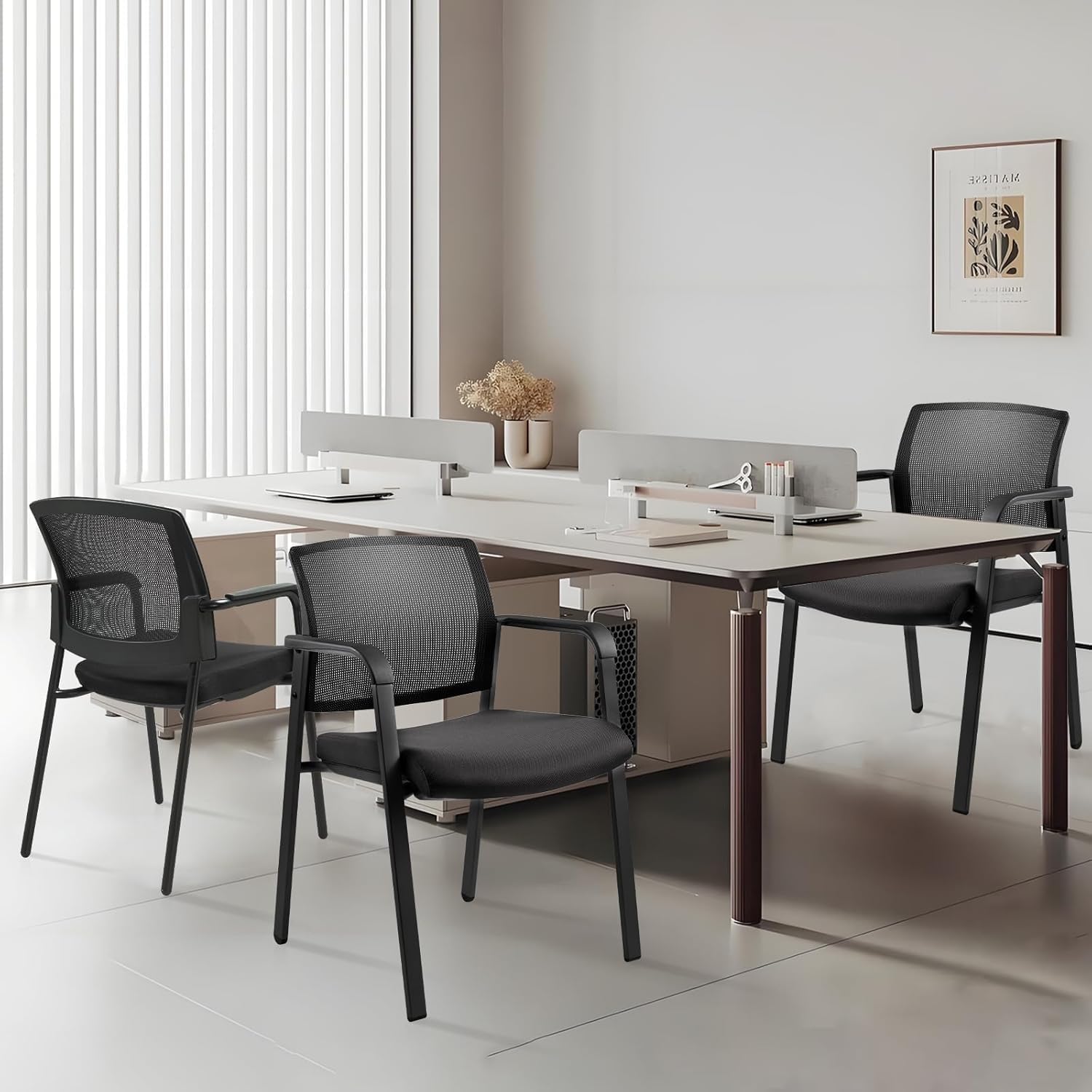 Black 8 Pack Set, Mesh Back Stacking Arm Chairs with Upholstered Fabric Seat and Ergonomic Lumbar Support for Office School Church Guest Reception , New Version