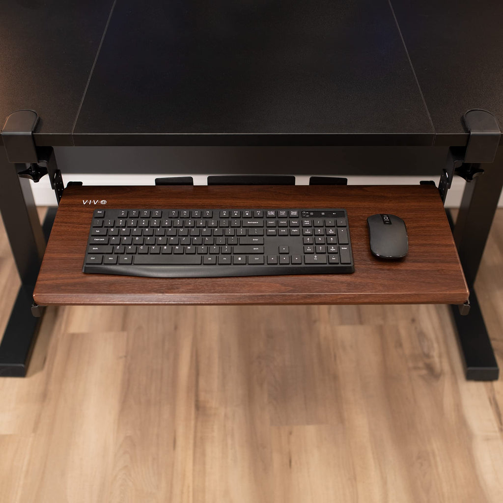 Large Height Adjustable Under Desk Keyboard Tray, C-clamp Mount System, 27 (33 Including Clamps) x 11 inch Slide-Out Platform Computer Drawer for Typing, Dark Walnut, MOUNT-KB05HD