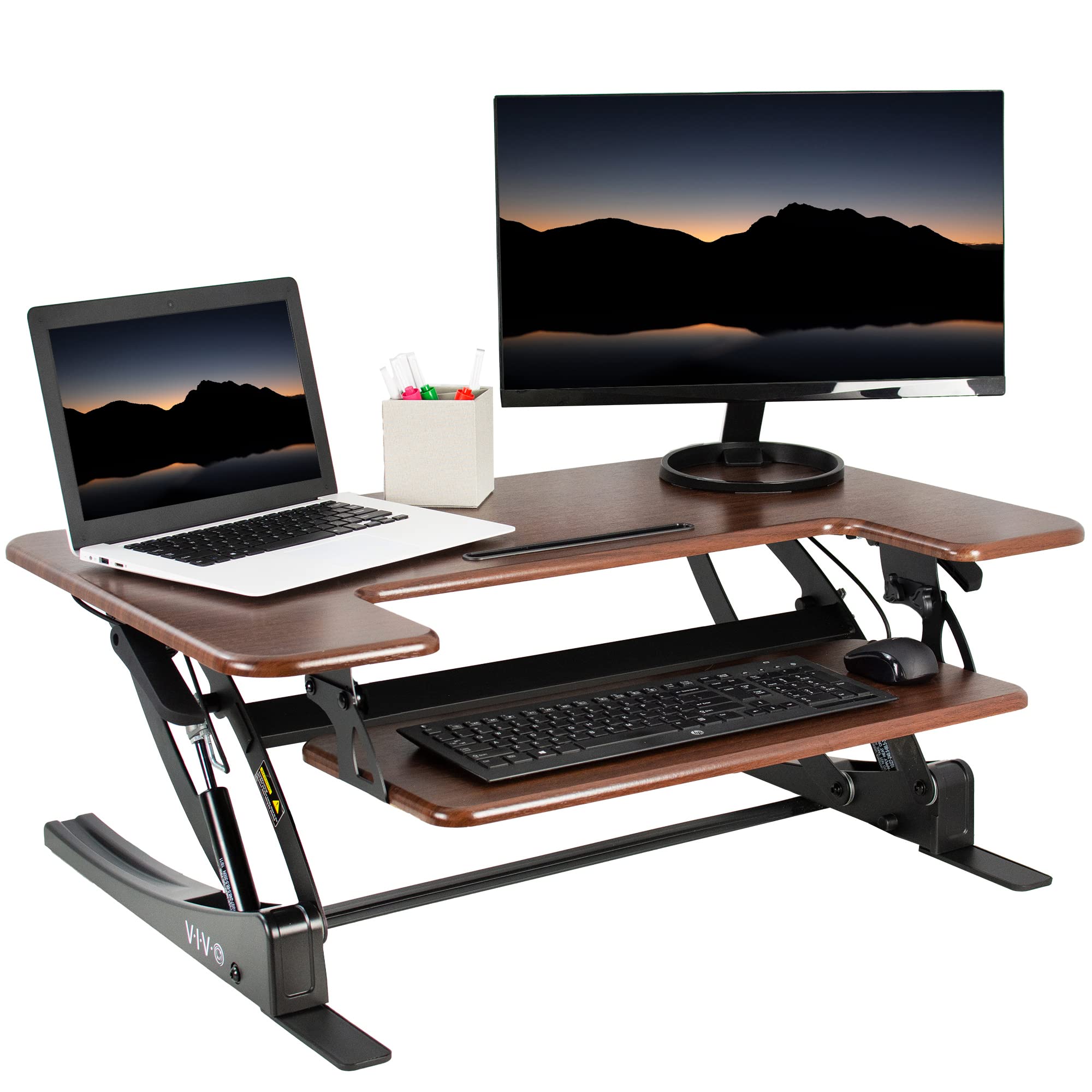36 inch Height Adjustable Stand Up Desk Converter, V Series, Quick Sit to Stand Tabletop Dual Monitor Riser Workstation, Dark Walnut Top, Black Frame, DESK-V000VD