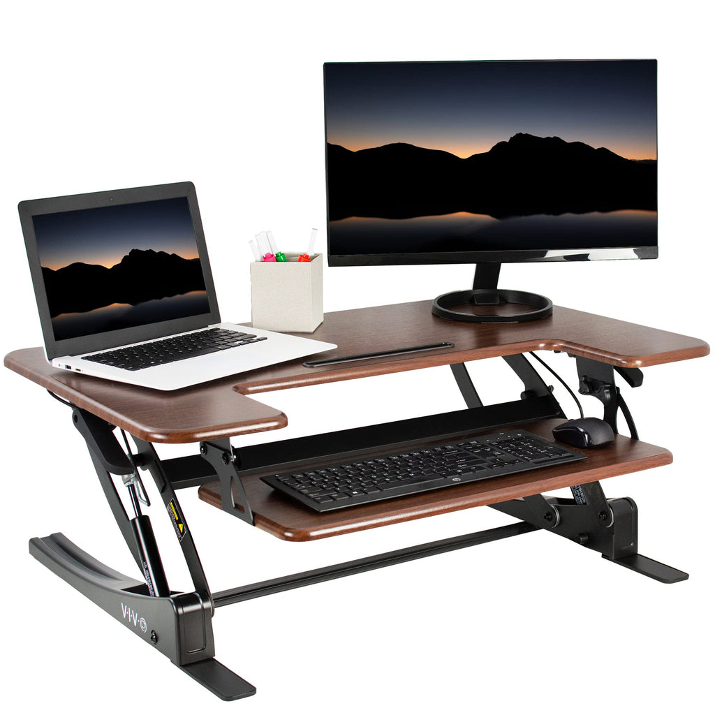 36 inch Height Adjustable Stand Up Desk Converter, V Series, Quick Sit to Stand Tabletop Dual Monitor Riser Workstation, Dark Walnut Top, Black Frame, DESK-V000VD