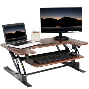 36 inch Height Adjustable Stand Up Desk Converter, V Series, Quick Sit to Stand Tabletop Dual Monitor Riser Workstation, Dark Walnut Top, Black Frame, DESK-V000VD